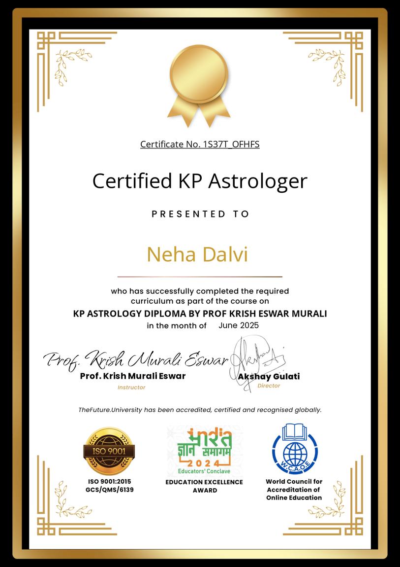 Certified KP Astrologer diploma awarded to Neha Dalvi by TheFuture.University
