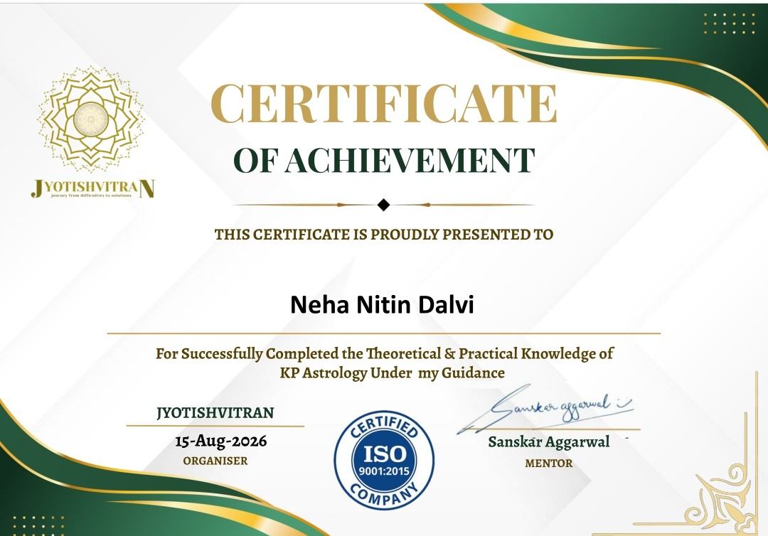 Certificate of Achievement in theoretical and practical KP astrology awarded to Neha Nitin Dalvi by Jyotishvitran
