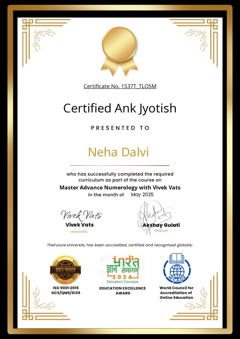 Certified Ank Jyotish certificate in Master Advance Numerology awarded to Neha Dalvi by TheFuture.University