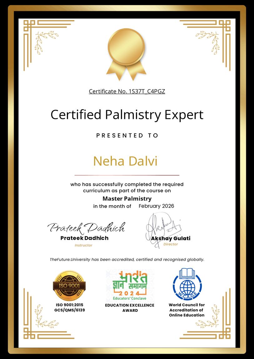 Certified Palmistry Expert certificate awarded to Neha Dalvi