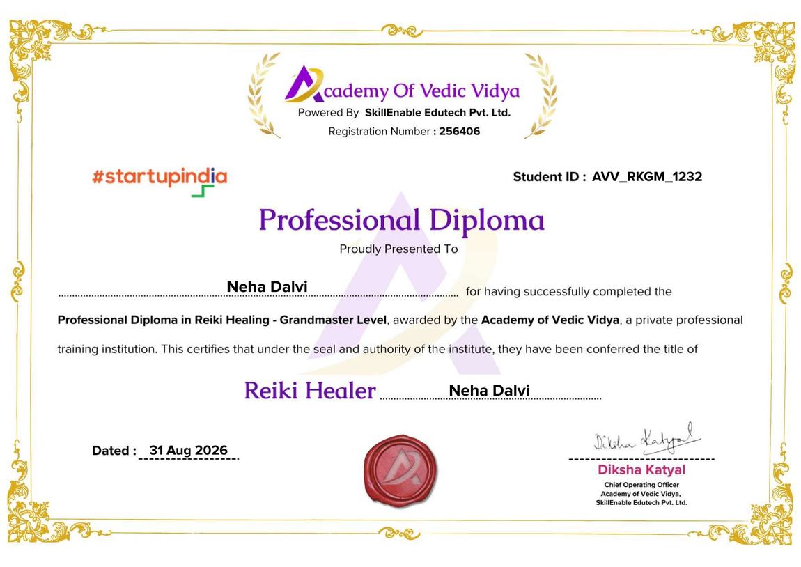 Professional Diploma in Reiki Healing at Grandmaster Level awarded to Neha Dalvi