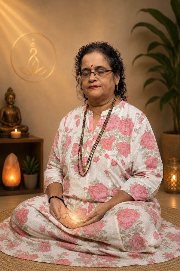 Neha Dalvi seated in meditation with her hands open