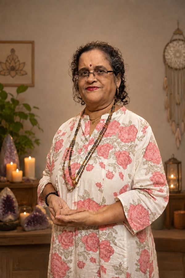 Neha Dalvi, Certified Reiki Grand Master and Certified Palmistry Expert, standing in her practice space in Mumbai